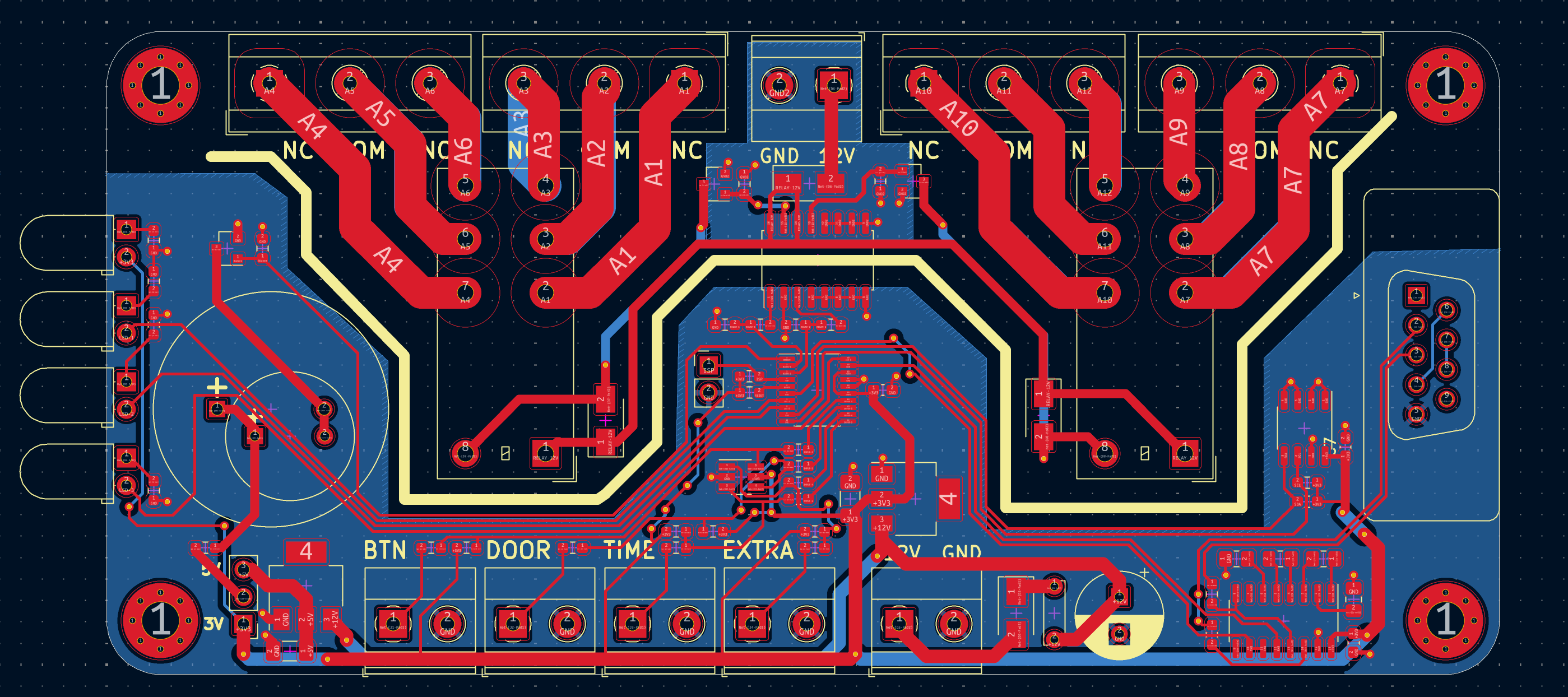 PCB layout: top copper in red, bottom copper in blue, the isolation boundary in white