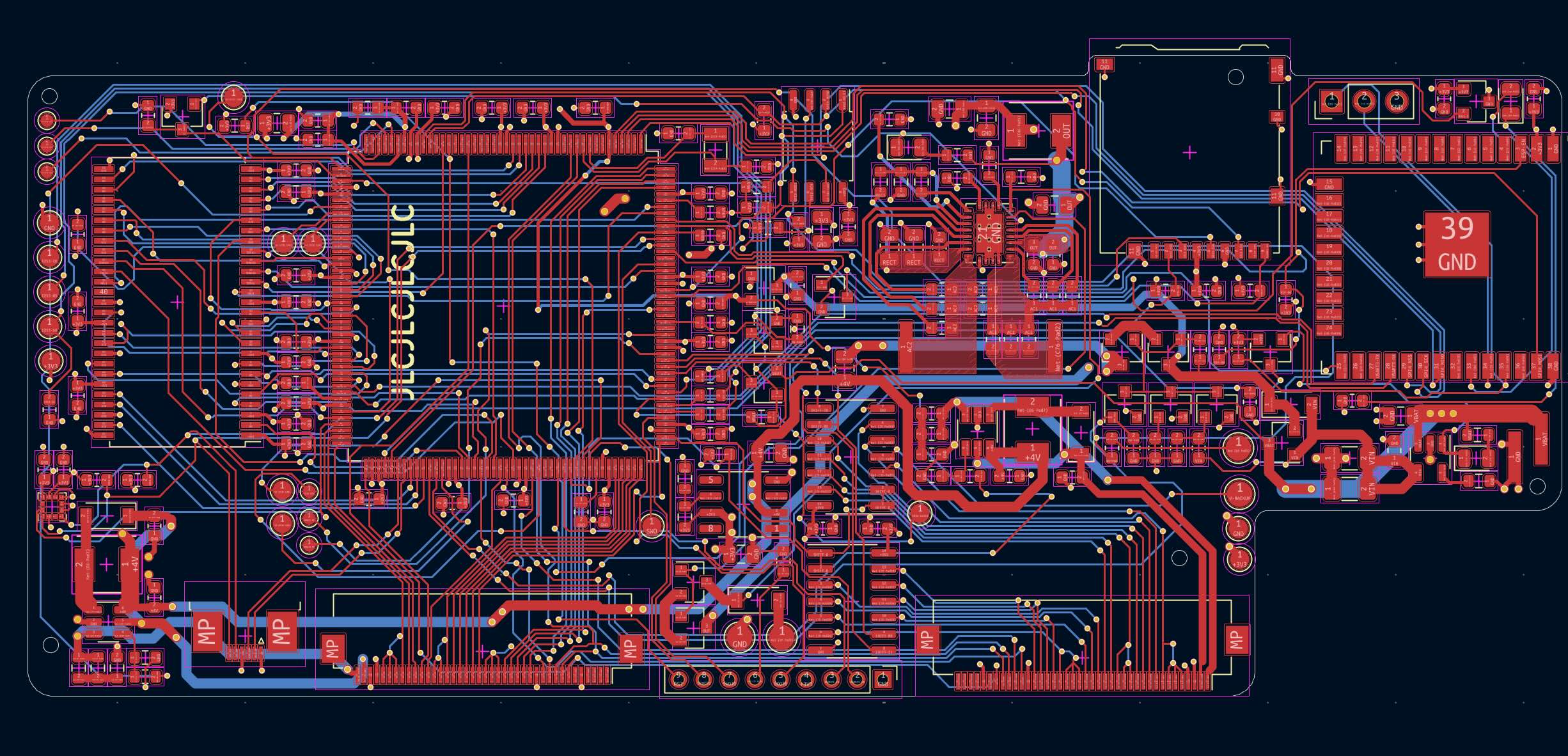 First prototype PCB in KiCad: STM32 and SDRAM top left, ESP32 top right, LCD connector at the bottom
