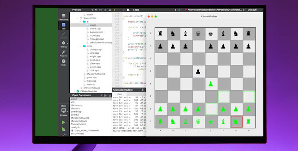 The chess program in Qt Creator: the AI sources on the left, the board on the right
